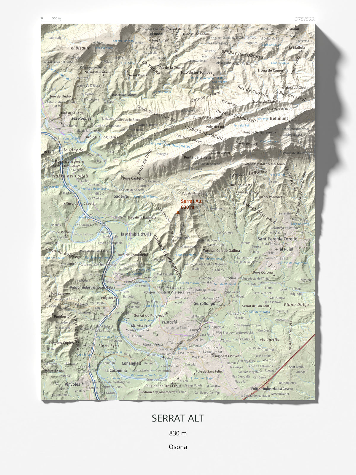 Mapa de relieve de Serrat Alt, 830 m, Osona, lámina 100 Cims de Trobart 30 × 40 cm.