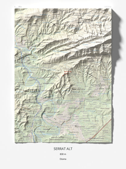 Mapa de relieve de Serrat Alt, 830 m, Osona, lámina 100 Cims de Trobart 30 × 40 cm.