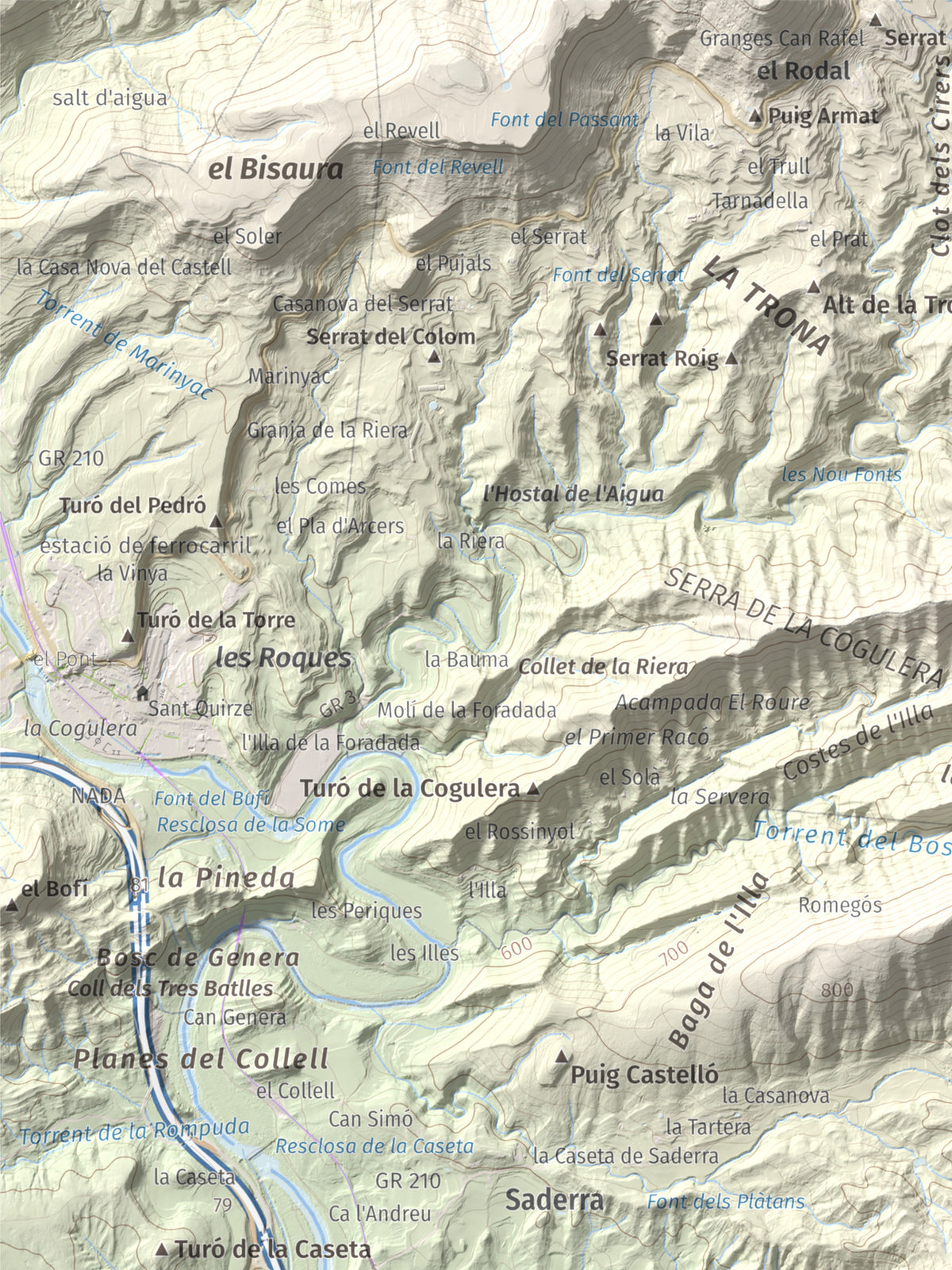 Mapa de relieve de Serrat Alt, 830 m, Osona, lámina 100 Cims de Trobart. Detalle de la zona superior izquierda. 30 × 40 cm.