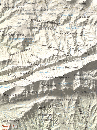 Mapa de relieve de Serrat Alt, 830 m, Osona, lámina 100 Cims de Trobart. Detalle de la zona superior derecha. 30 × 40 cm.