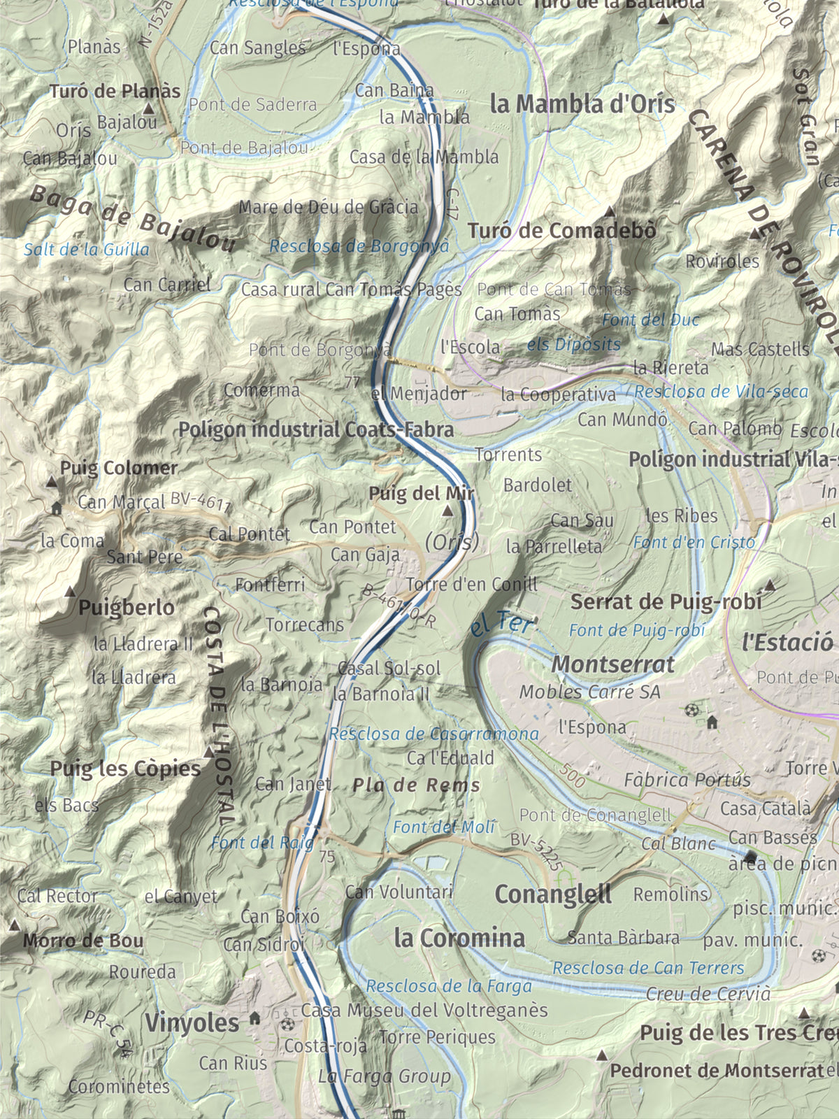 Mapa de relieve de Serrat Alt, 830 m, Osona, lámina 100 Cims de Trobart. Detalle de la zona inferior izquierda. 30 × 40 cm.