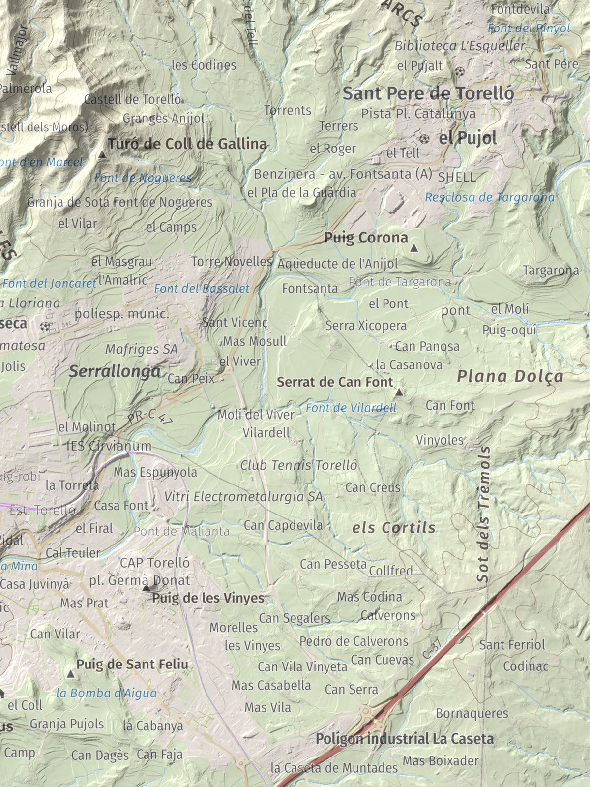 Mapa de relieve de Serrat Alt, 830 m, Osona, lámina 100 Cims de Trobart. Detalle de la zona inferior derecha. 30 × 40 cm.