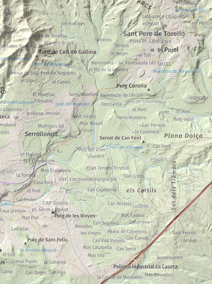 Mapa de relieve de Serrat Alt, 830 m, Osona, lámina 100 Cims de Trobart. Detalle de la zona inferior derecha. 30 × 40 cm.