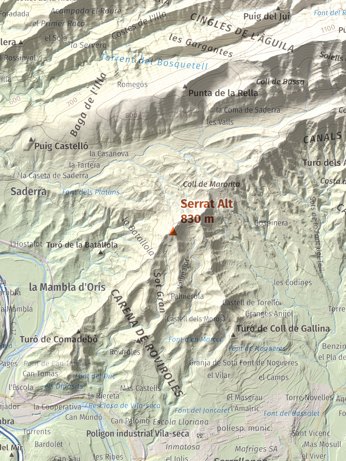 Mapa de relieve de Serrat Alt, 830 m, Osona, lámina 100 Cims de Trobart. Detalle de la zona central. 30 × 40 cm.
