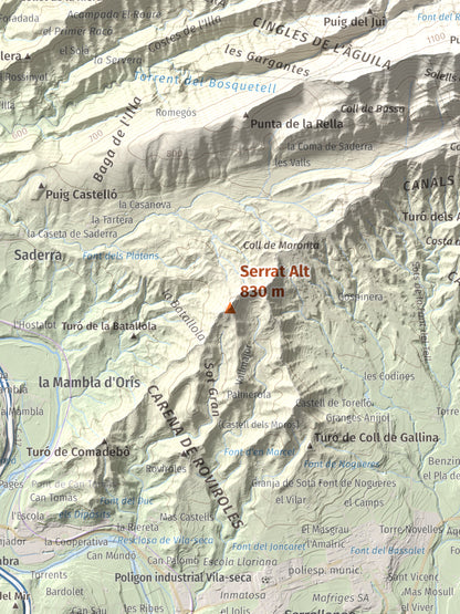 Mapa de relieve de Serrat Alt, 830 m, Osona, lámina 100 Cims de Trobart. Detalle de la zona central. 30 × 40 cm.