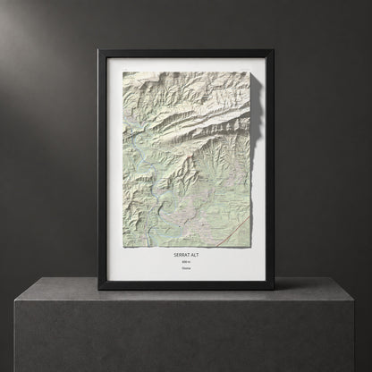 Mapa de relieve de Serrat Alt, 830 m, Osona, lámina 100 Cims de Trobart. Presentación enmarcada. 50 × 70 cm.