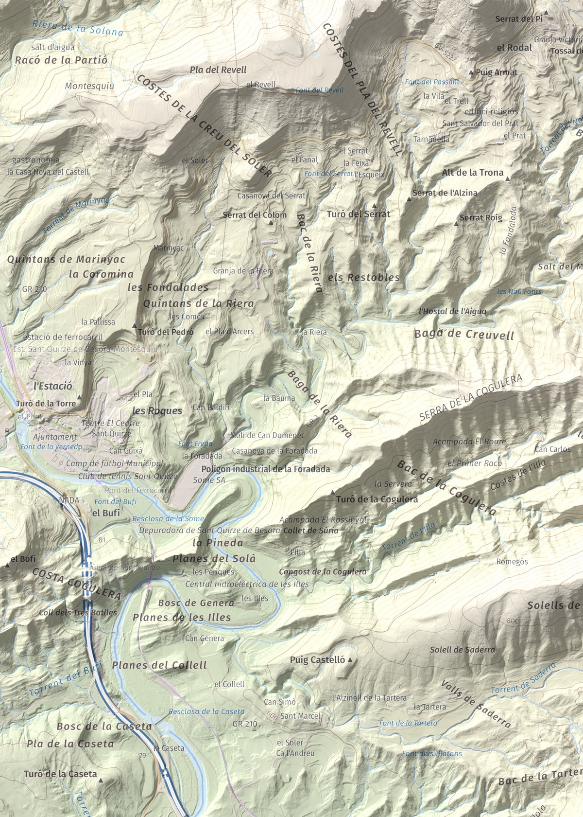 Mapa de relieve de Serrat Alt, 830 m, Osona, lámina 100 Cims de Trobart. Detalle de la zona superior izquierda. 50 × 70 cm.