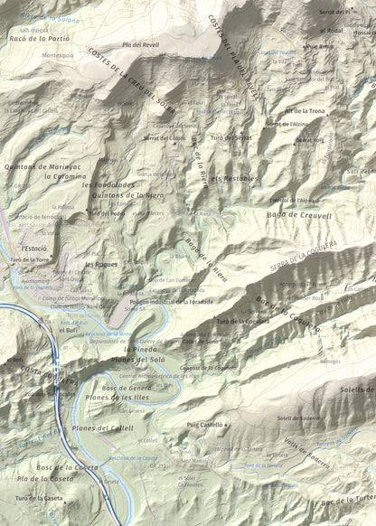 Mapa de relieve de Serrat Alt, 830 m, Osona, lámina 100 Cims de Trobart. Detalle de la zona superior izquierda. 50 × 70 cm.