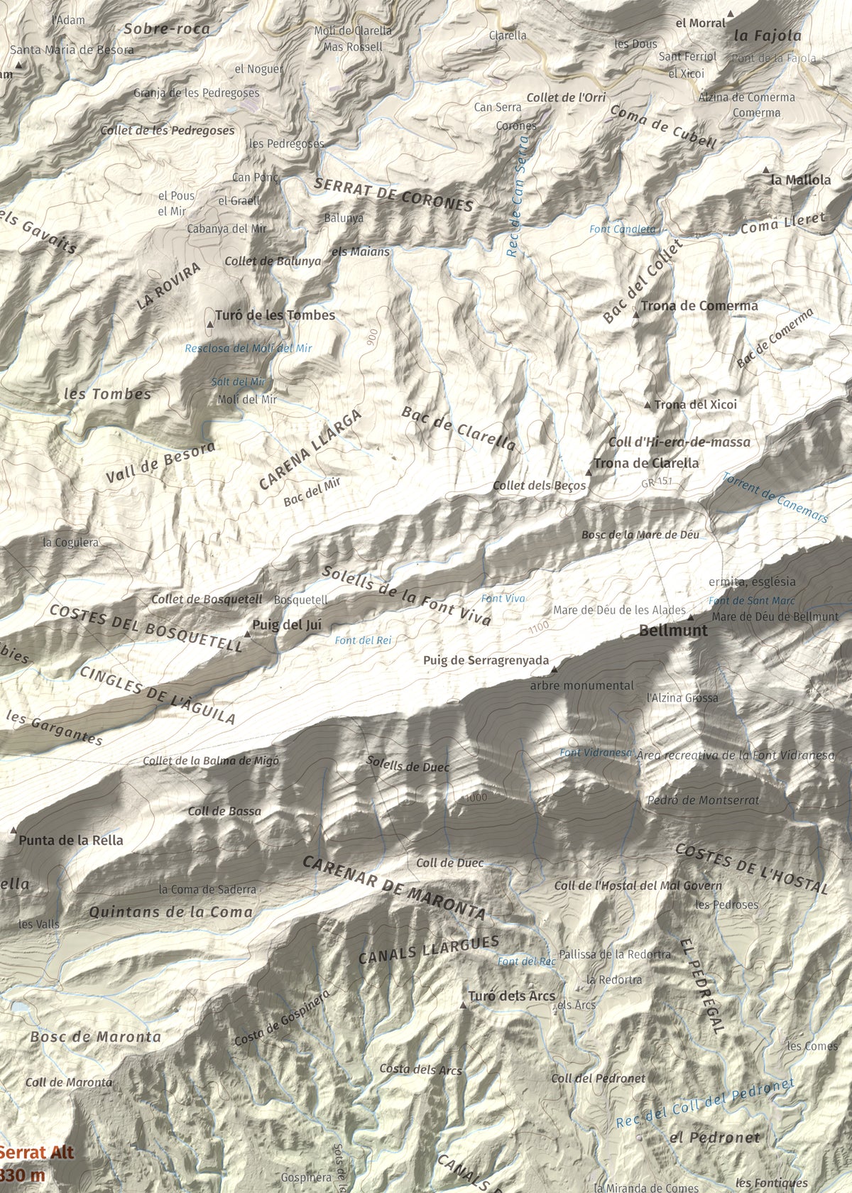 Mapa de relieve de Serrat Alt, 830 m, Osona, lámina 100 Cims de Trobart. Detalle de la zona superior derecha. 50 × 70 cm.