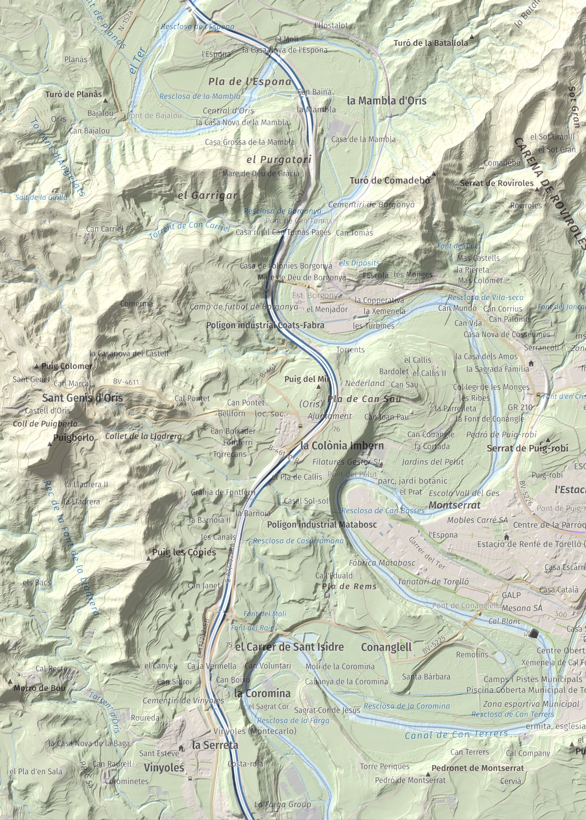 Mapa de relieve de Serrat Alt, 830 m, Osona, lámina 100 Cims de Trobart. Detalle de la zona inferior izquierda. 50 × 70 cm.