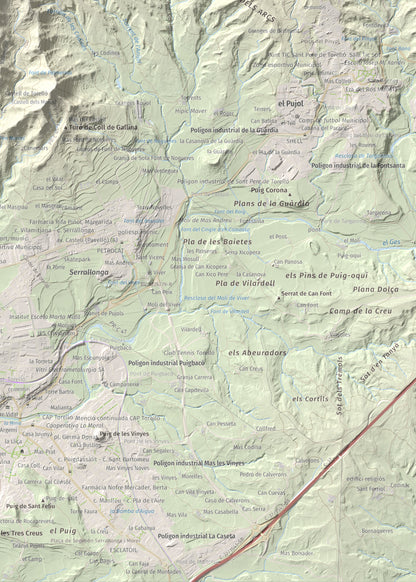 Mapa de relieve de Serrat Alt, 830 m, Osona, lámina 100 Cims de Trobart. Detalle de la zona inferior derecha. 50 × 70 cm.