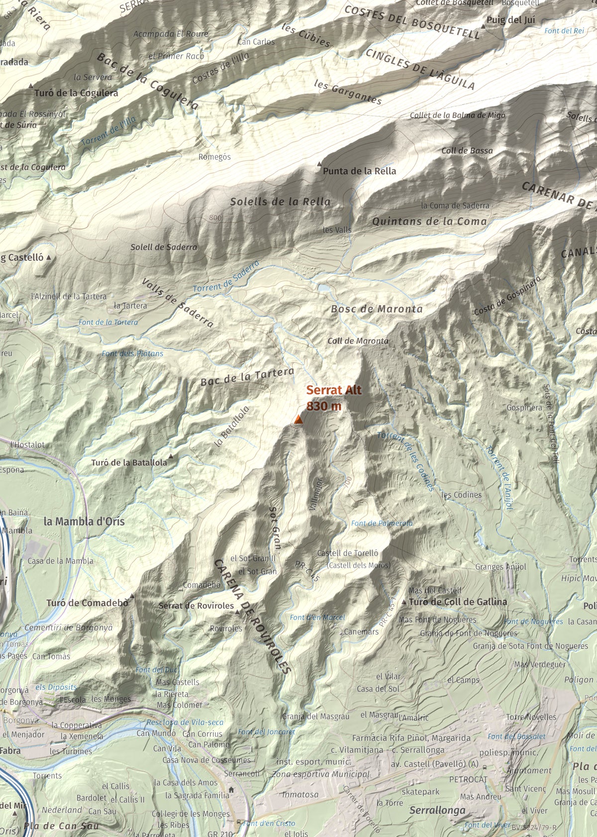 Mapa de relieve de Serrat Alt, 830 m, Osona, lámina 100 Cims de Trobart. Detalle de la zona central. 50 × 70 cm.