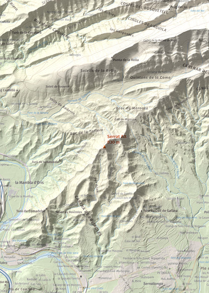 Mapa de relieve de Serrat Alt, 830 m, Osona, lámina 100 Cims de Trobart. Detalle de la zona central. 50 × 70 cm.