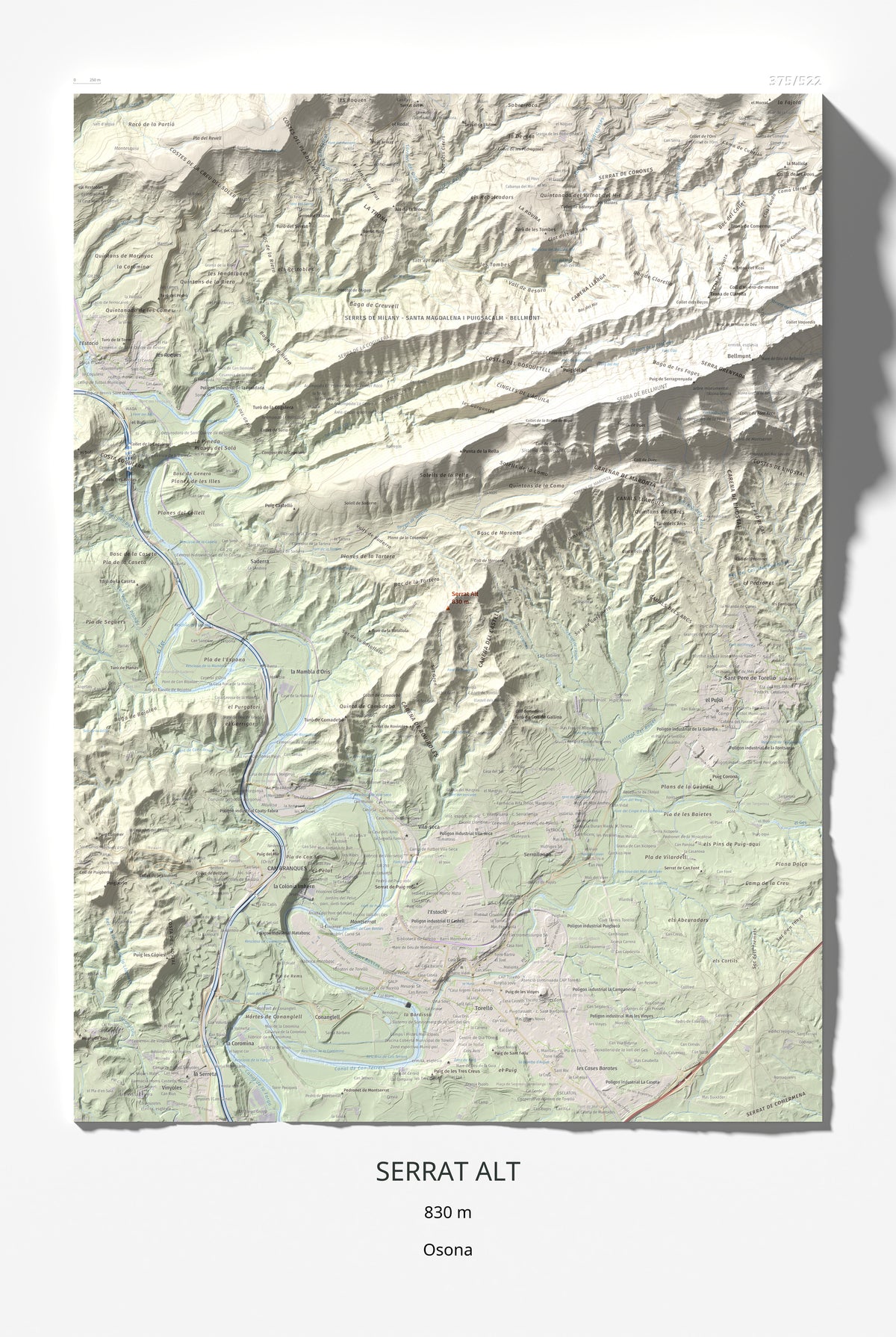 Mapa de relieve de Serrat Alt, 830 m, Osona, lámina 100 Cims de Trobart 61 × 91 cm.