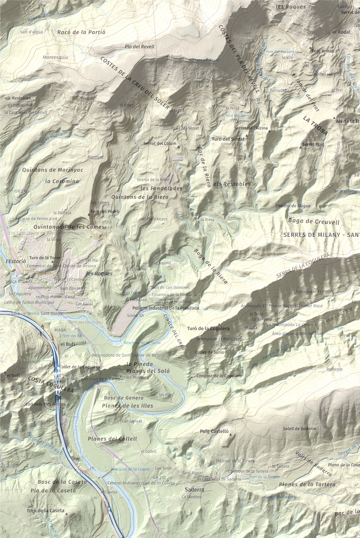 Mapa de relieve de Serrat Alt, 830 m, Osona, lámina 100 Cims de Trobart. Detalle de la zona superior izquierda. 61 × 91 cm.
