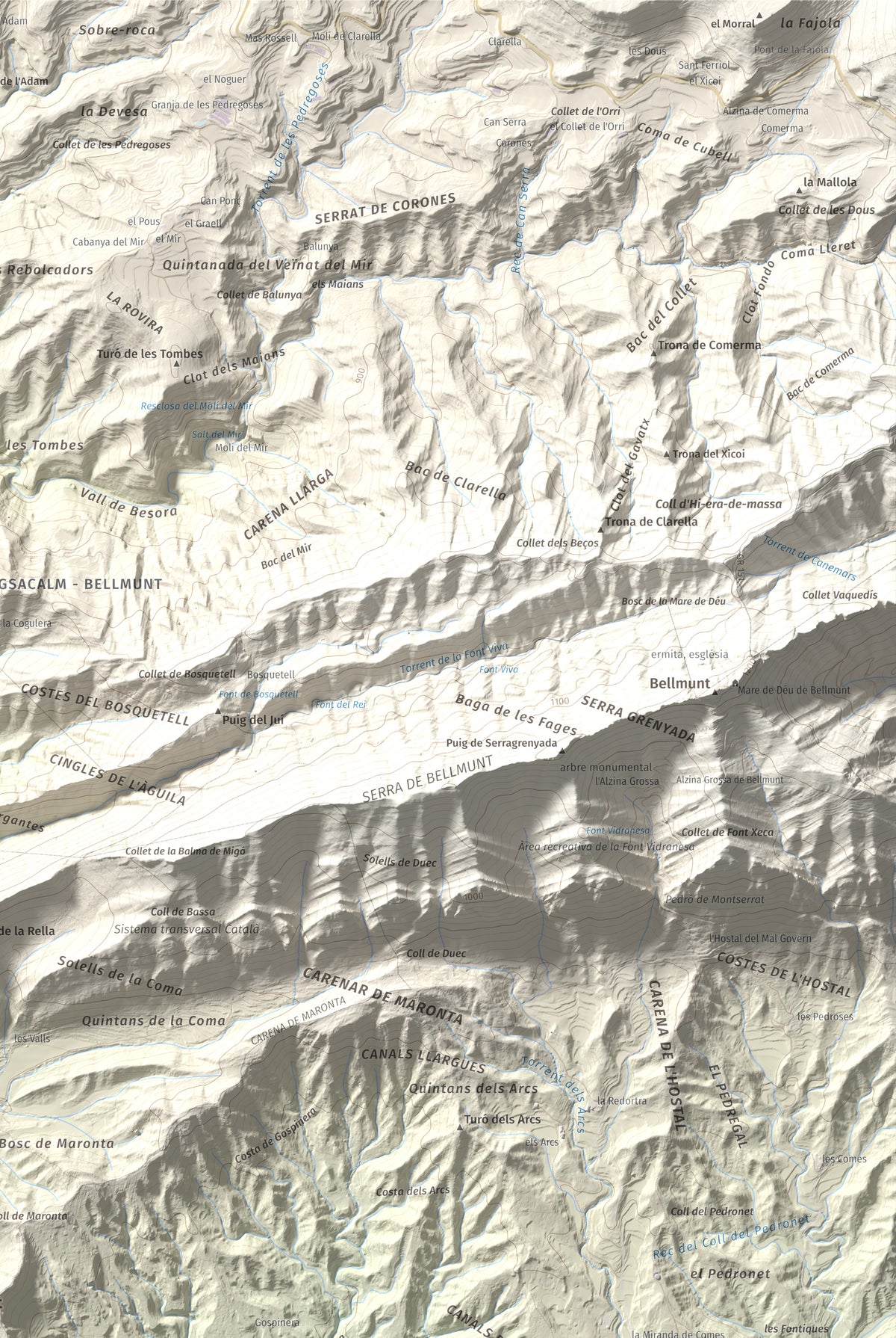 Mapa de relieve de Serrat Alt, 830 m, Osona, lámina 100 Cims de Trobart. Detalle de la zona superior derecha. 61 × 91 cm.