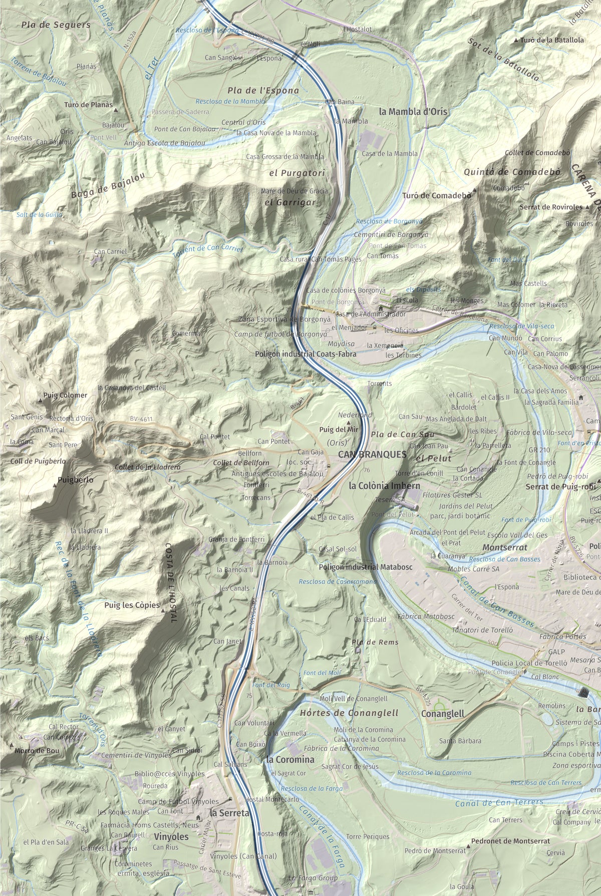 Mapa de relieve de Serrat Alt, 830 m, Osona, lámina 100 Cims de Trobart. Detalle de la zona inferior izquierda. 61 × 91 cm.