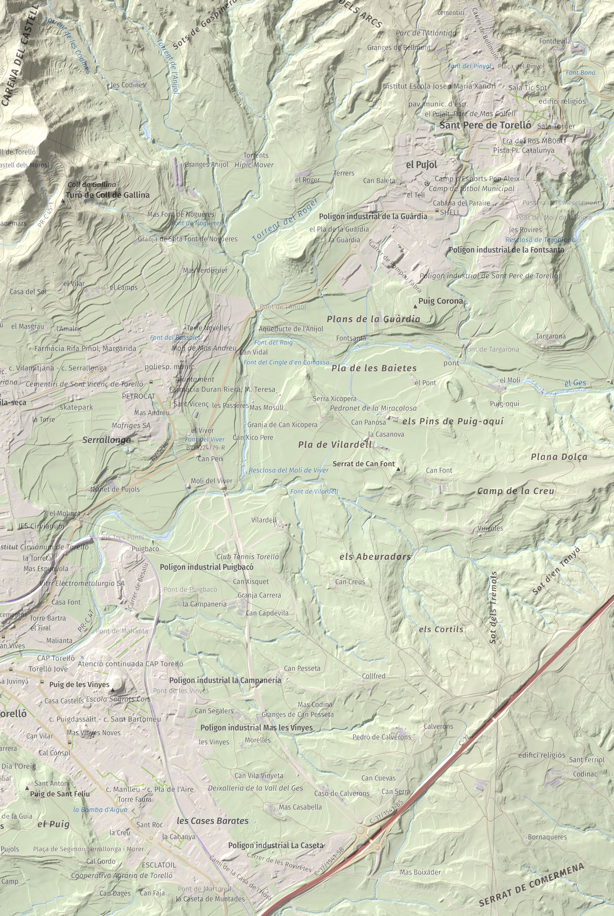 Mapa de relieve de Serrat Alt, 830 m, Osona, lámina 100 Cims de Trobart. Detalle de la zona inferior derecha. 61 × 91 cm.
