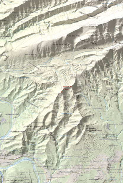Mapa de relieve de Serrat Alt, 830 m, Osona, lámina 100 Cims de Trobart. Detalle de la zona central. 61 × 91 cm.
