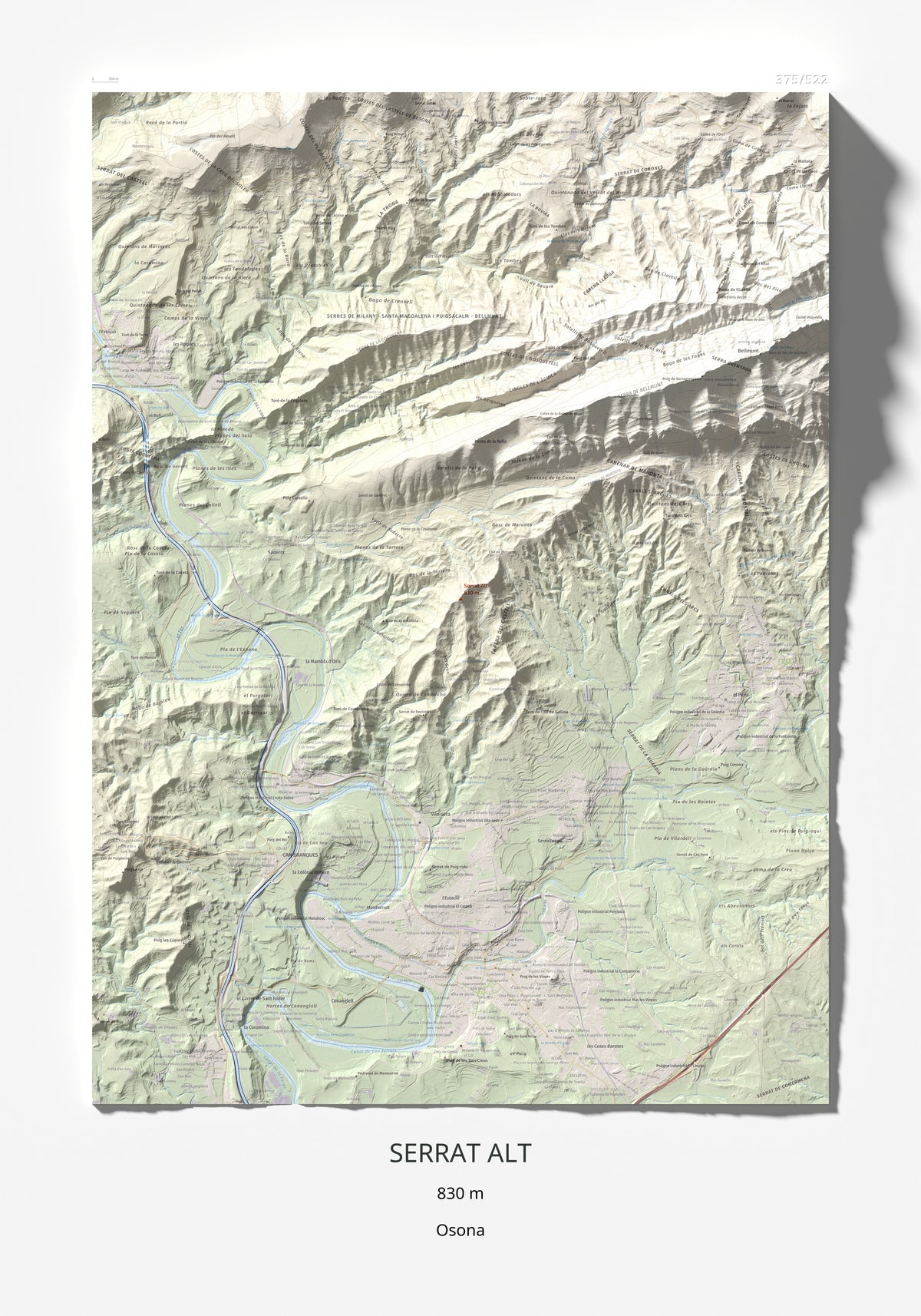 Mapa de relieve de Serrat Alt, 830 m, Osona, lámina 100 Cims de Trobart 70 × 100 cm.