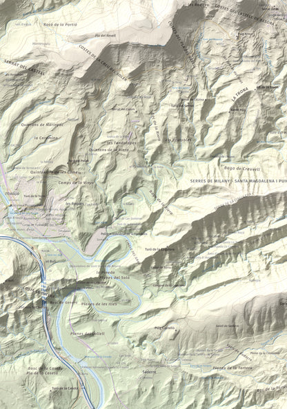 Mapa de relieve de Serrat Alt, 830 m, Osona, lámina 100 Cims de Trobart. Detalle de la zona superior izquierda. 70 × 100 cm.