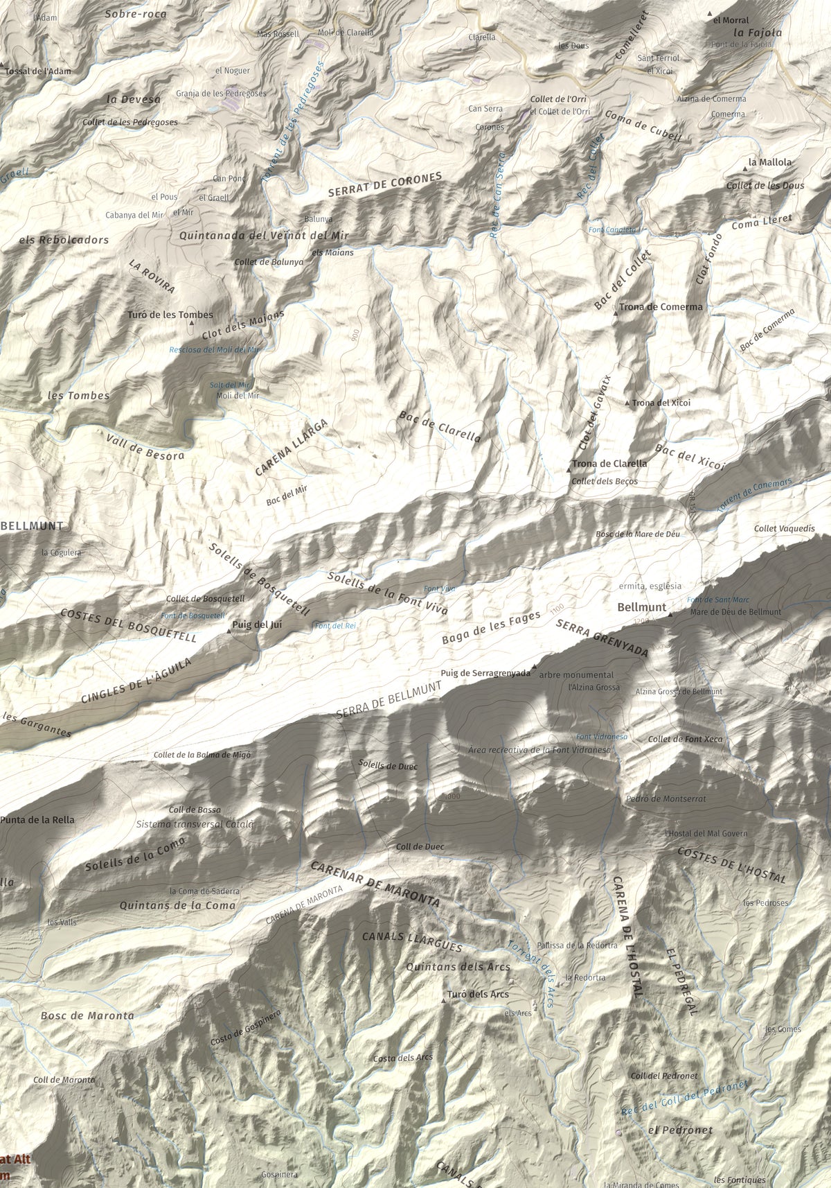 Mapa de relieve de Serrat Alt, 830 m, Osona, lámina 100 Cims de Trobart. Detalle de la zona superior derecha. 70 × 100 cm.