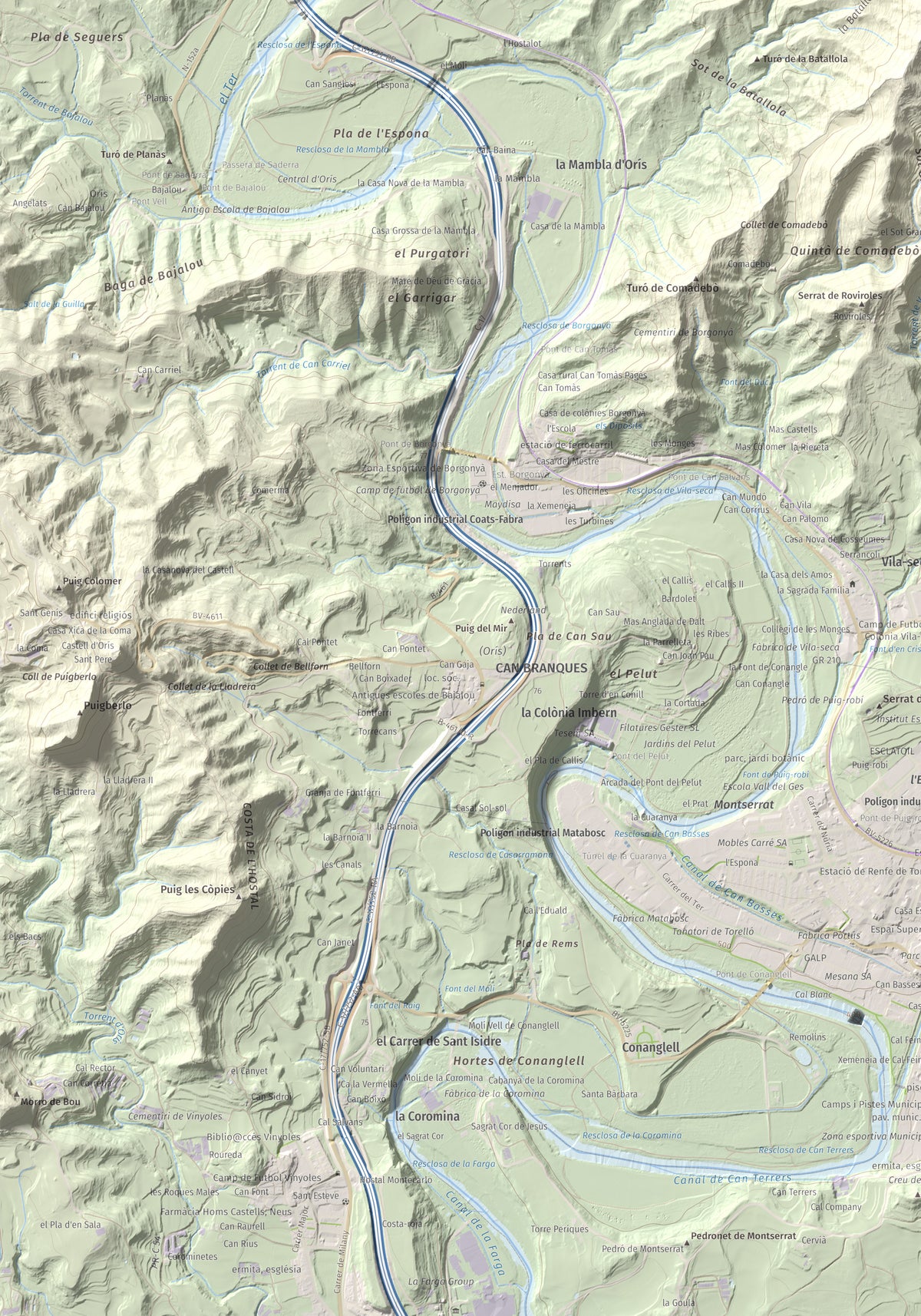 Mapa de relieve de Serrat Alt, 830 m, Osona, lámina 100 Cims de Trobart. Detalle de la zona inferior izquierda. 70 × 100 cm.