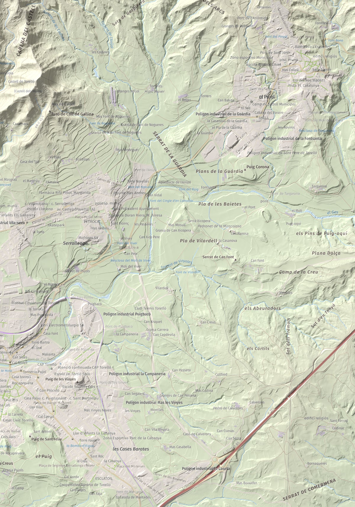 Mapa de relieve de Serrat Alt, 830 m, Osona, lámina 100 Cims de Trobart. Detalle de la zona inferior derecha. 70 × 100 cm.