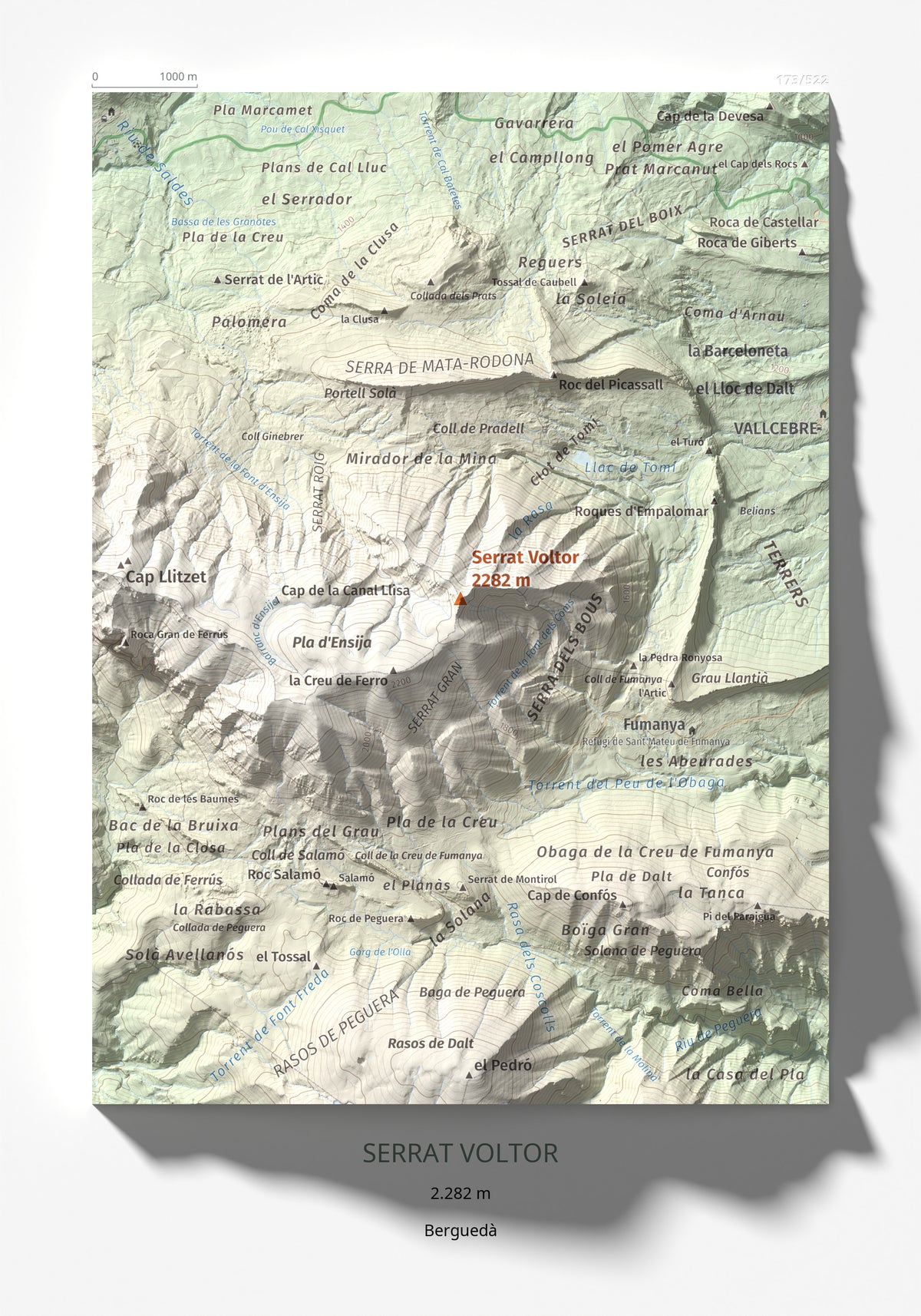 Mapa de relieve de Serrat Voltor, 2282 m, Berguedà, lámina 100 Cims de Trobart 21 × 30 cm.