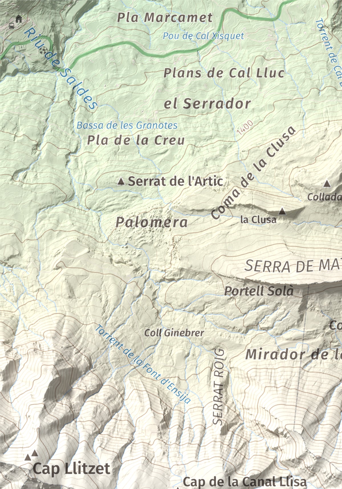 Mapa de relieve de Serrat Voltor, 2282 m, Berguedà, lámina 100 Cims de Trobart. Detalle de la zona superior izquierda. 21 × 30 cm.
