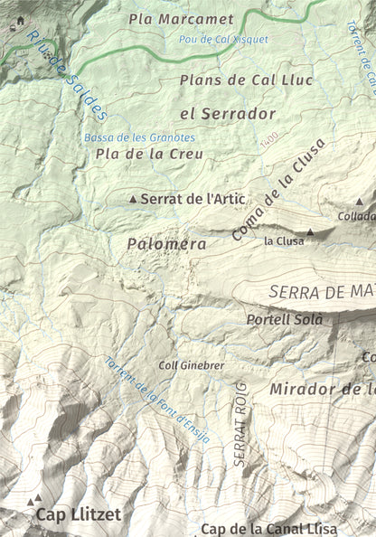Mapa de relieve de Serrat Voltor, 2282 m, Berguedà, lámina 100 Cims de Trobart. Detalle de la zona superior izquierda. 21 × 30 cm.