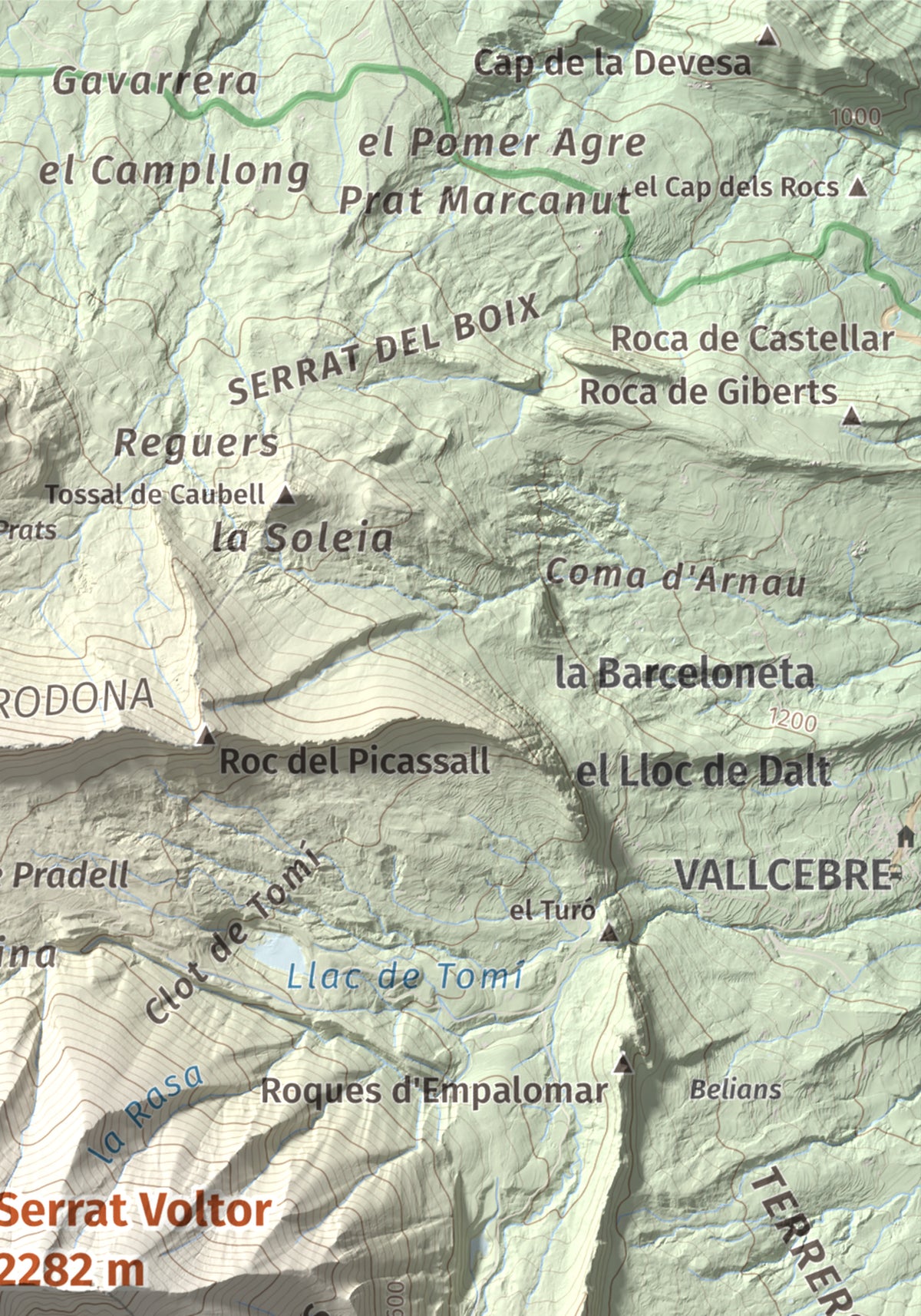 Mapa de relieve de Serrat Voltor, 2282 m, Berguedà, lámina 100 Cims de Trobart. Detalle de la zona superior derecha. 21 × 30 cm.