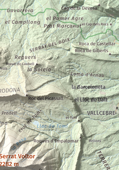 Mapa de relieve de Serrat Voltor, 2282 m, Berguedà, lámina 100 Cims de Trobart. Detalle de la zona superior derecha. 21 × 30 cm.
