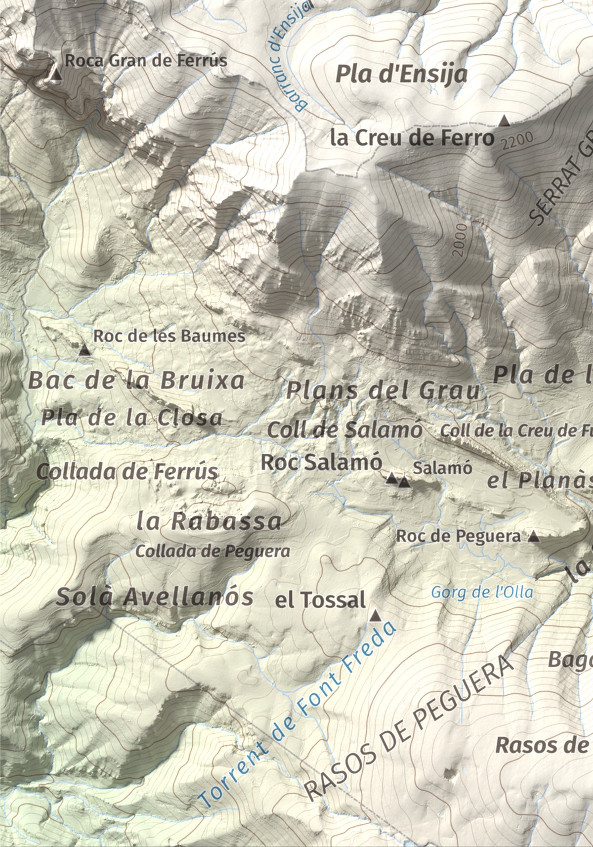 Mapa de relieve de Serrat Voltor, 2282 m, Berguedà, lámina 100 Cims de Trobart. Detalle de la zona inferior izquierda. 21 × 30 cm.