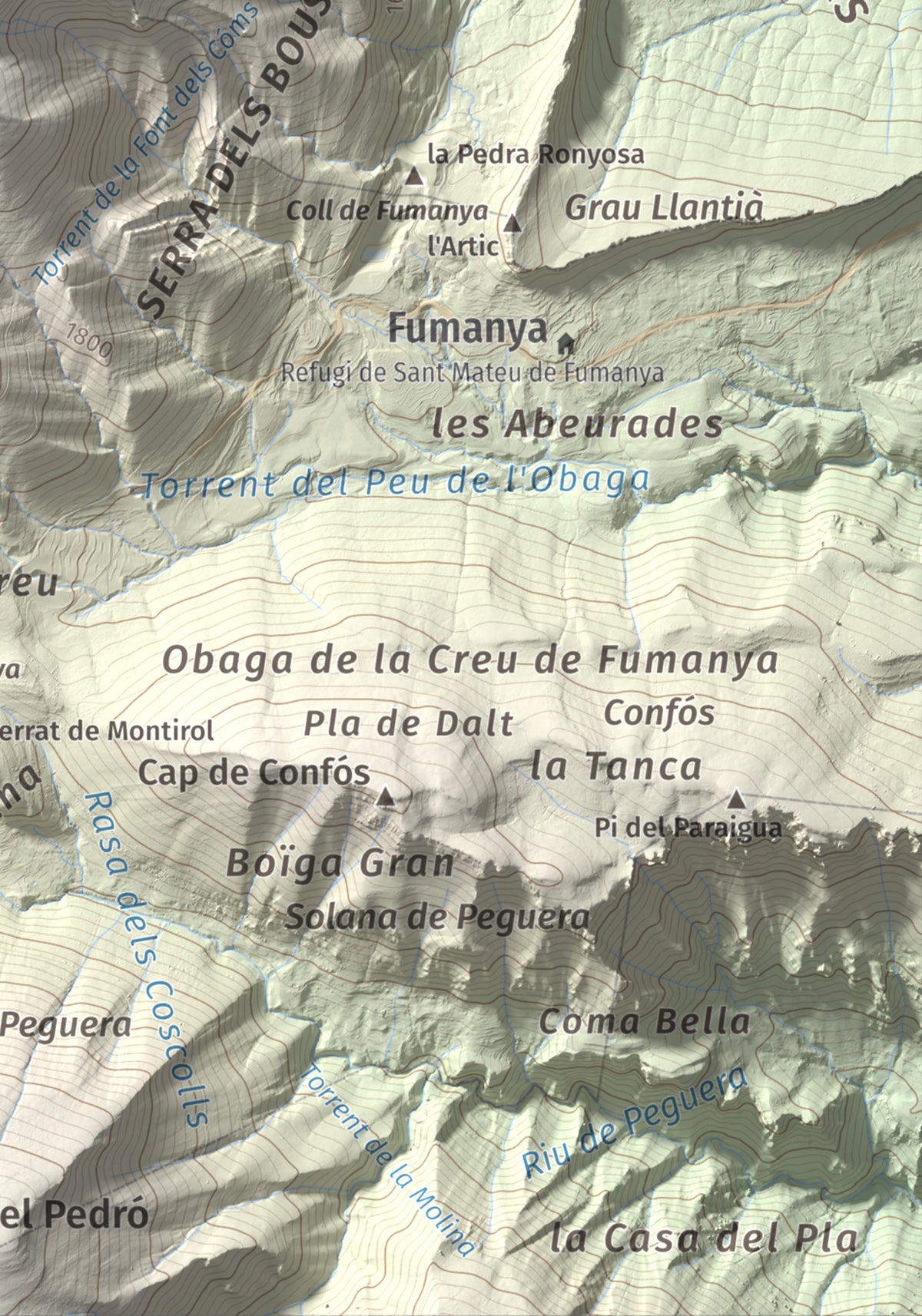 Mapa de relieve de Serrat Voltor, 2282 m, Berguedà, lámina 100 Cims de Trobart. Detalle de la zona inferior derecha. 21 × 30 cm.