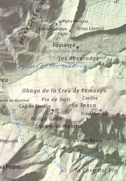 Mapa de relieve de Serrat Voltor, 2282 m, Berguedà, lámina 100 Cims de Trobart. Detalle de la zona inferior derecha. 21 × 30 cm.