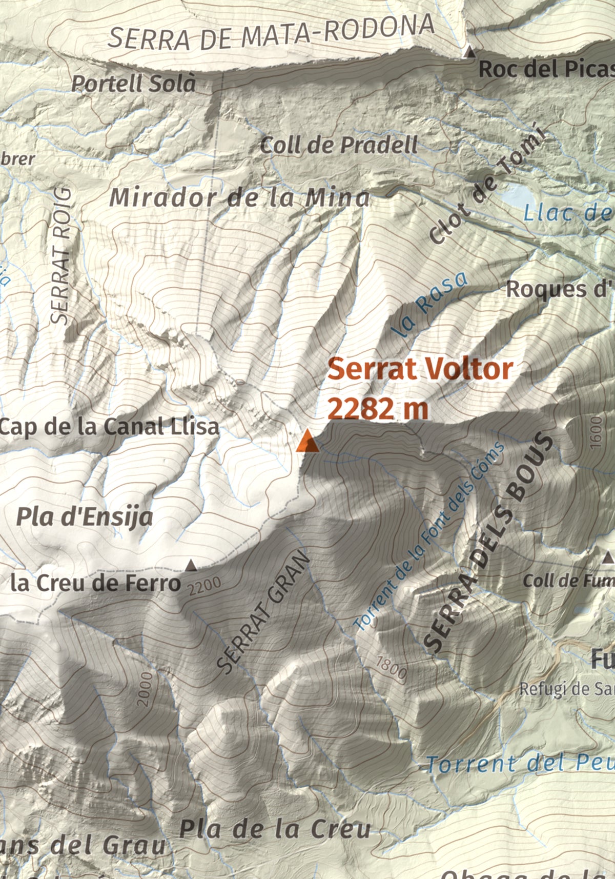 Mapa de relieve de Serrat Voltor, 2282 m, Berguedà, lámina 100 Cims de Trobart. Detalle de la zona central. 21 × 30 cm.