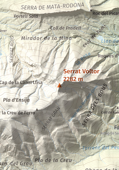 Mapa de relieve de Serrat Voltor, 2282 m, Berguedà, lámina 100 Cims de Trobart. Detalle de la zona central. 21 × 30 cm.