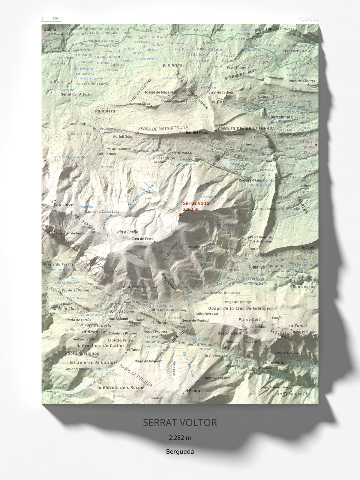 Mapa de relieve de Serrat Voltor, 2282 m, Berguedà, lámina 100 Cims de Trobart 30 × 40 cm.