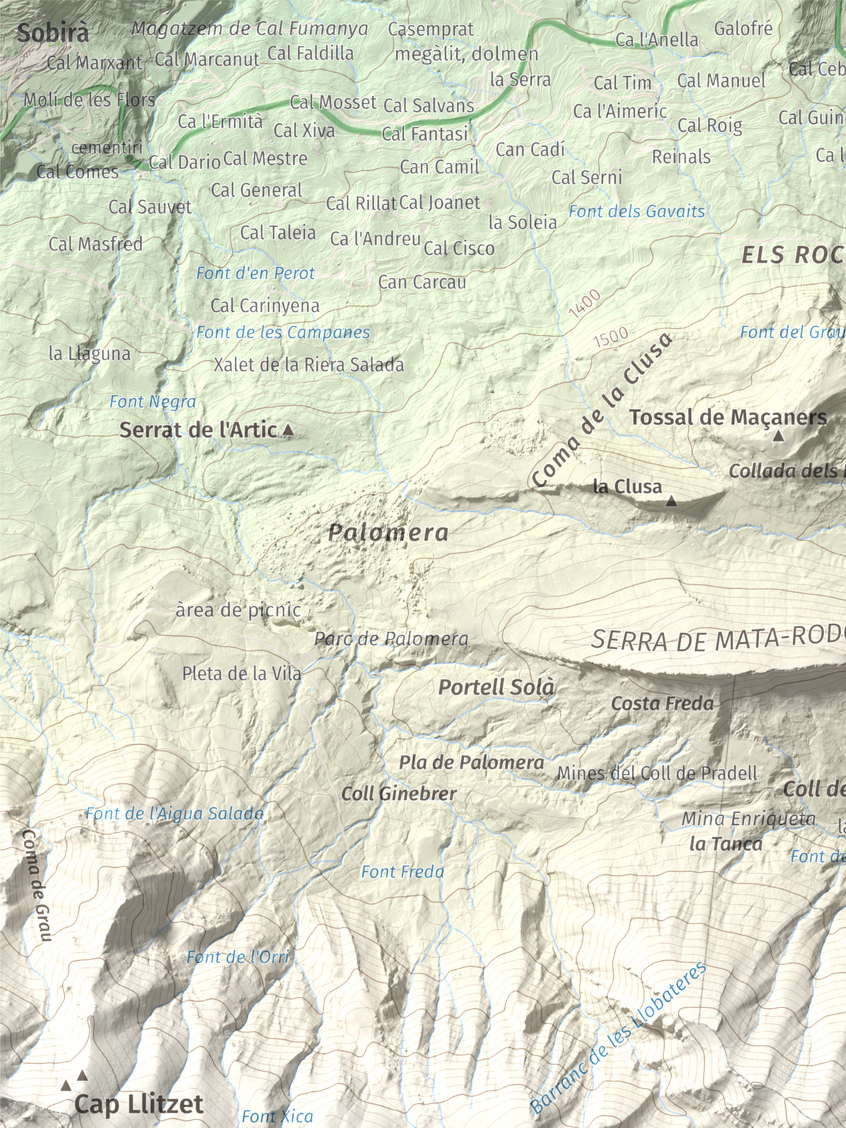 Mapa de relieve de Serrat Voltor, 2282 m, Berguedà, lámina 100 Cims de Trobart. Detalle de la zona superior izquierda. 30 × 40 cm.