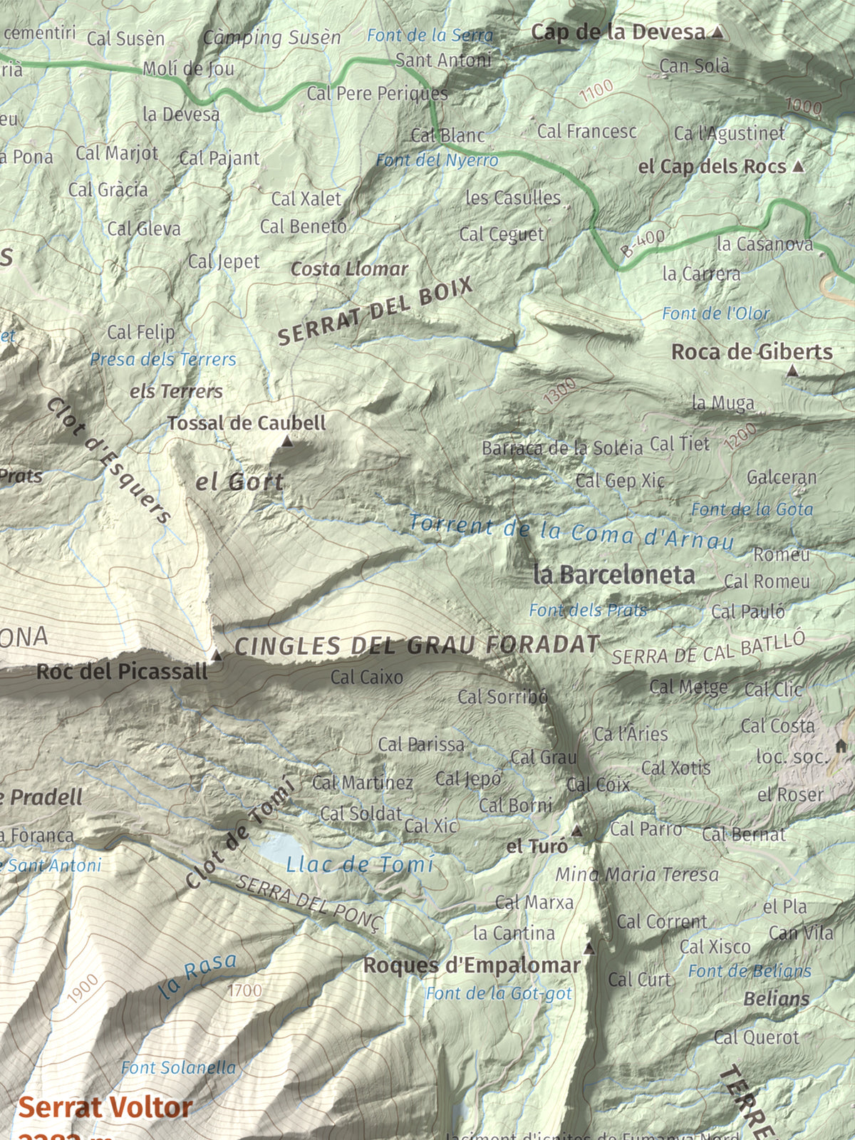 Mapa de relieve de Serrat Voltor, 2282 m, Berguedà, lámina 100 Cims de Trobart. Detalle de la zona superior derecha. 30 × 40 cm.