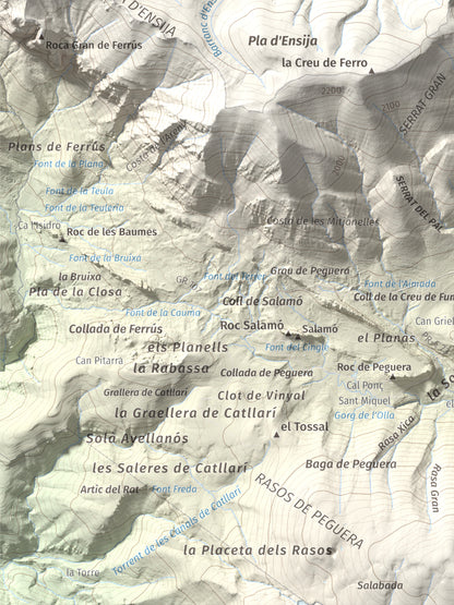 Mapa de relieve de Serrat Voltor, 2282 m, Berguedà, lámina 100 Cims de Trobart. Detalle de la zona inferior izquierda. 30 × 40 cm.