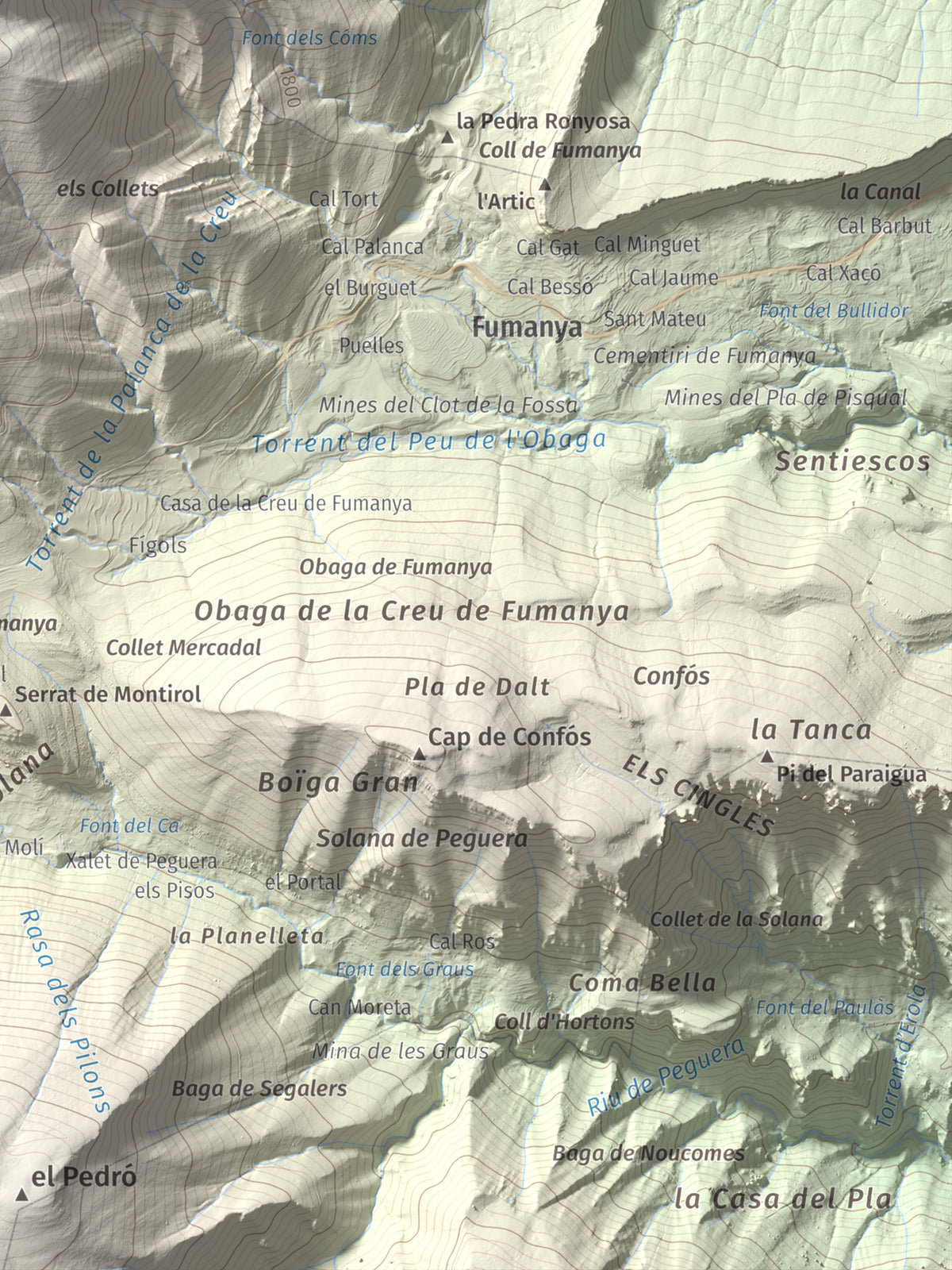 Mapa de relieve de Serrat Voltor, 2282 m, Berguedà, lámina 100 Cims de Trobart. Detalle de la zona inferior derecha. 30 × 40 cm.