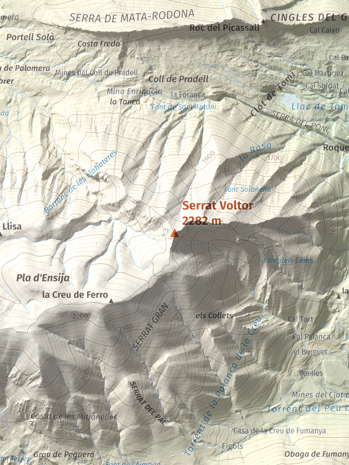 Mapa de relieve de Serrat Voltor, 2282 m, Berguedà, lámina 100 Cims de Trobart. Detalle de la zona central. 30 × 40 cm.