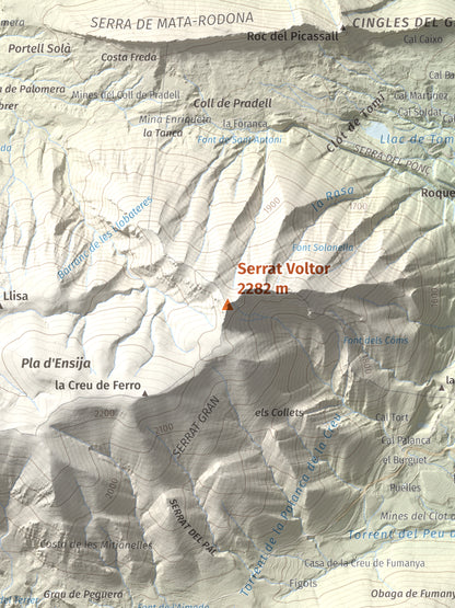 Mapa de relieve de Serrat Voltor, 2282 m, Berguedà, lámina 100 Cims de Trobart. Detalle de la zona central. 30 × 40 cm.