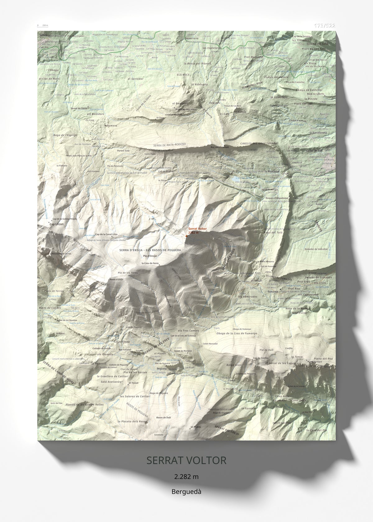 Mapa de relieve de Serrat Voltor, 2282 m, Berguedà, lámina 100 Cims de Trobart 50 × 70 cm.