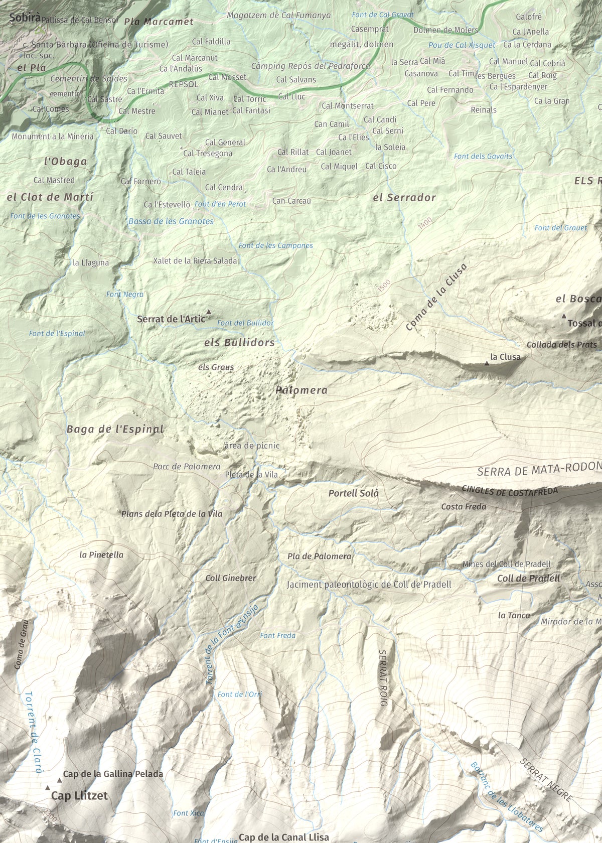 Mapa de relieve de Serrat Voltor, 2282 m, Berguedà, lámina 100 Cims de Trobart. Detalle de la zona superior izquierda. 50 × 70 cm.