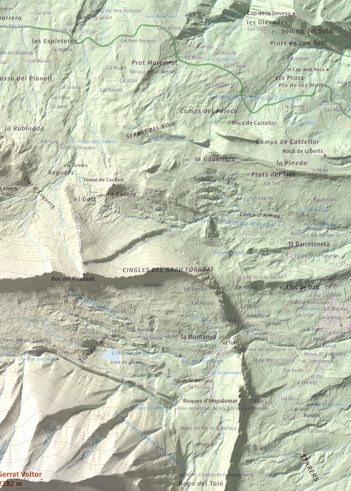 Mapa de relieve de Serrat Voltor, 2282 m, Berguedà, lámina 100 Cims de Trobart. Detalle de la zona superior derecha. 50 × 70 cm.