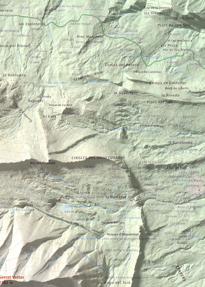 Mapa de relieve de Serrat Voltor, 2282 m, Berguedà, lámina 100 Cims de Trobart. Detalle de la zona superior derecha. 50 × 70 cm.