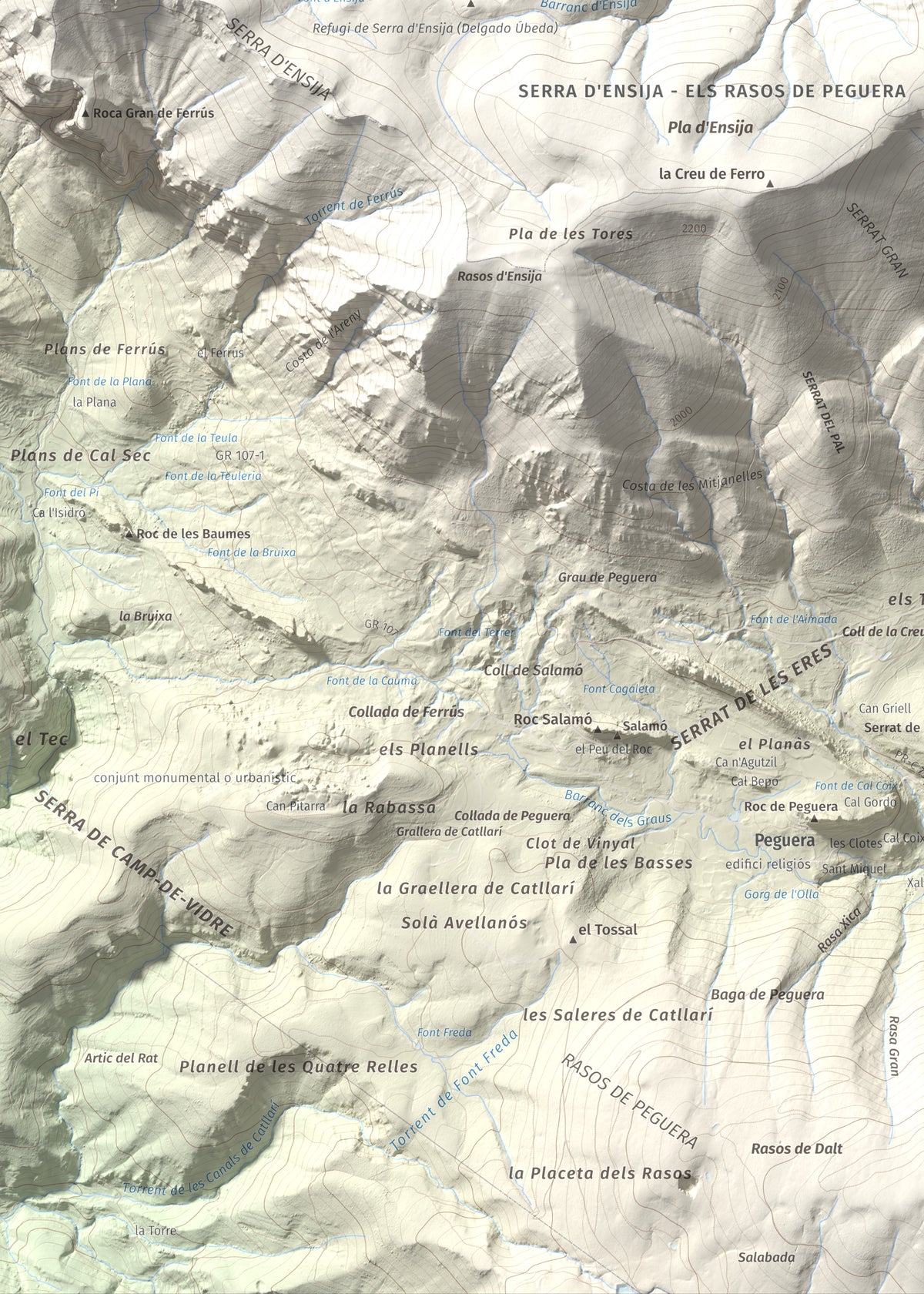 Mapa de relieve de Serrat Voltor, 2282 m, Berguedà, lámina 100 Cims de Trobart. Detalle de la zona inferior izquierda. 50 × 70 cm.